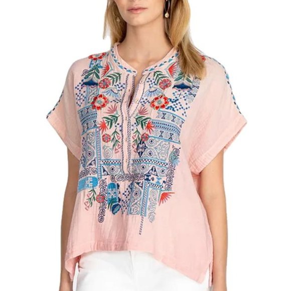 Johnny Was Tops - NWT Johnny Was Pink Chrisley Blouse Embroidered Gauzy Short Sleeve Small S